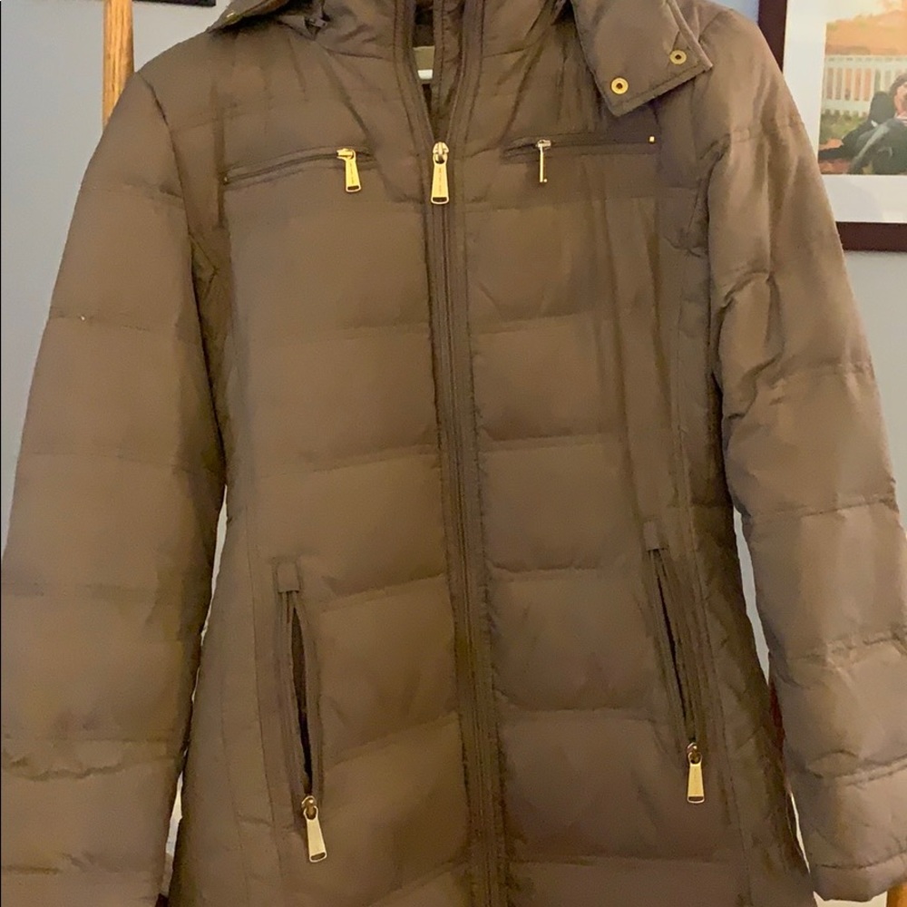 Tan Michael Kors down jacket with gold accents
